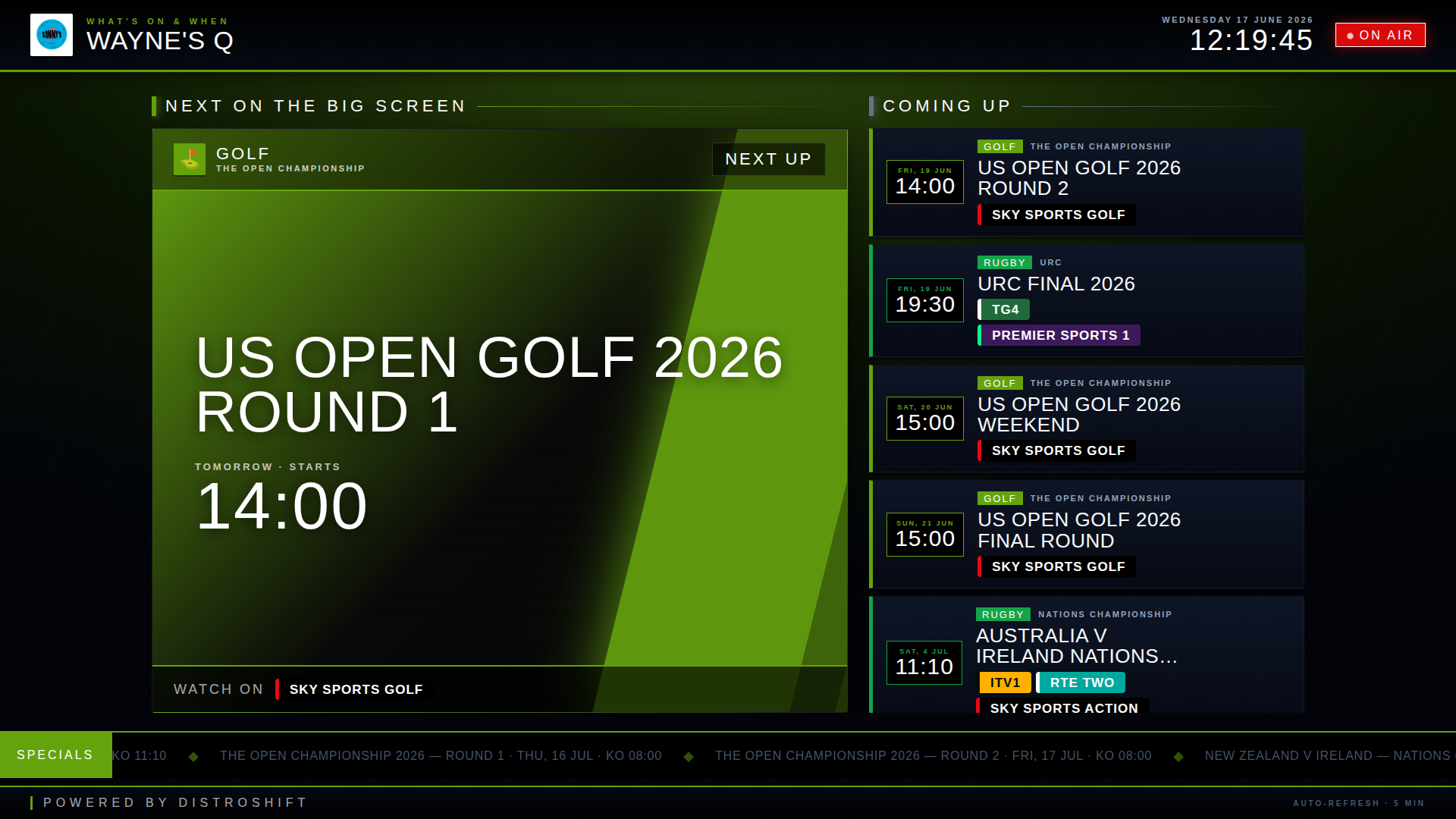 What's On display screen showing URC Semi-Final 1 on a venue TV